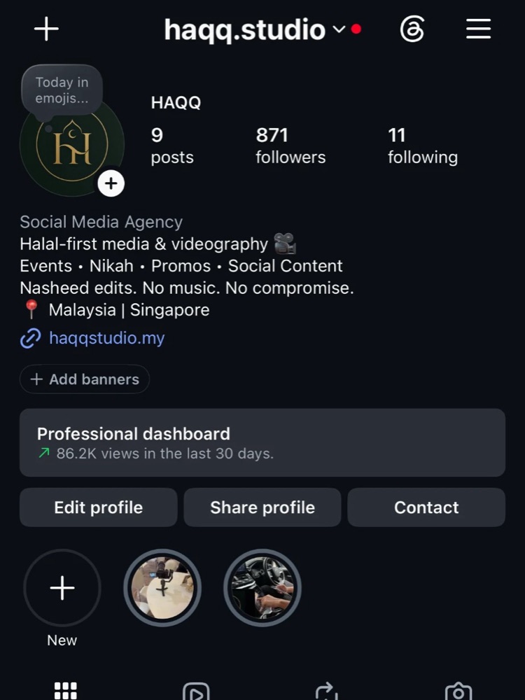 Instagram dashboard for @haqq.studio: 86.2K views in the last 30 days