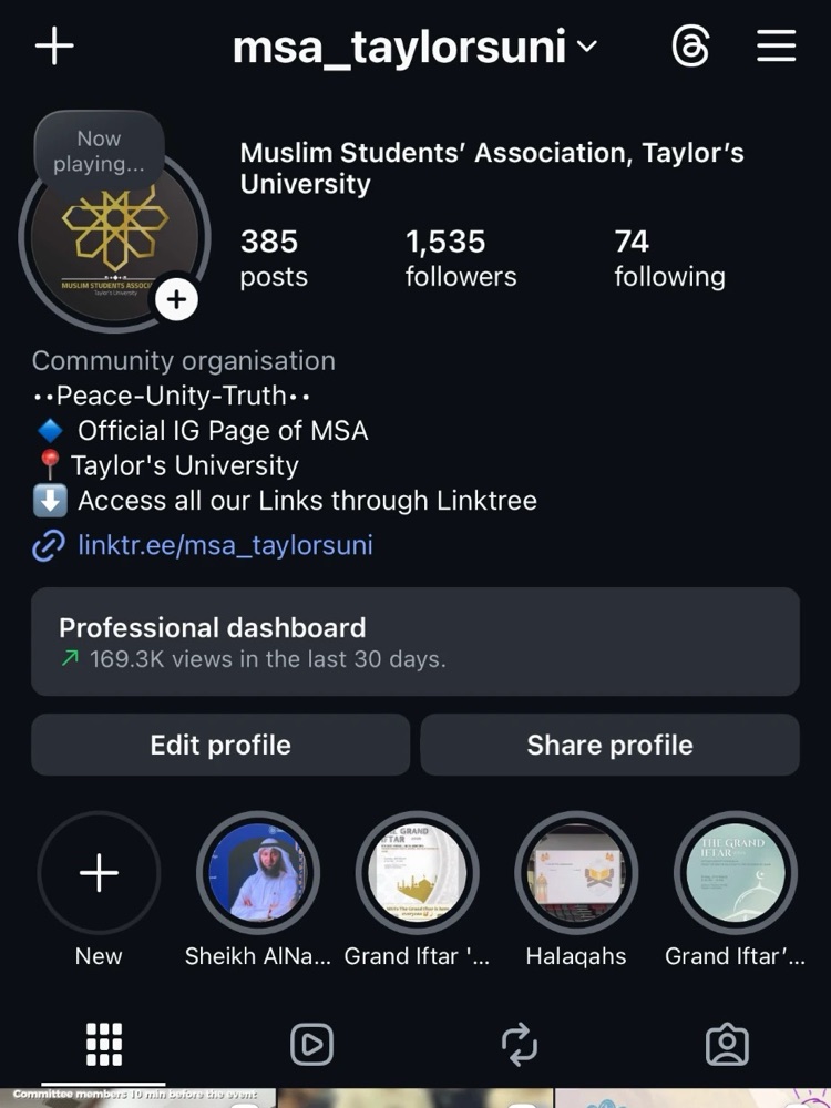 Instagram dashboard for @msa_taylorsuni: 169.3K views in the last 30 days